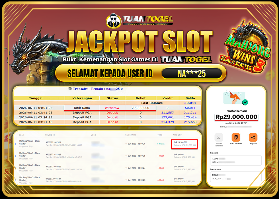 TUANTOGEL JACKPOT SLOT MAHJONG WINS 3 -BLACK SCATTER Rp29.000.000,- LUNAS